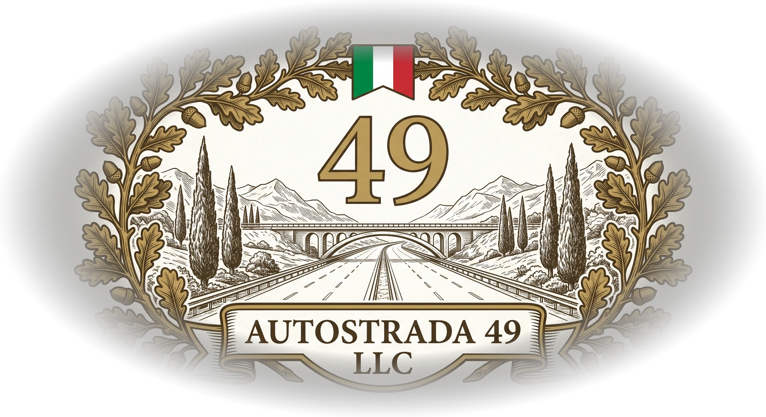 Autostrada 49 crest — oak wreath, Italian flag, and a road through the mountains